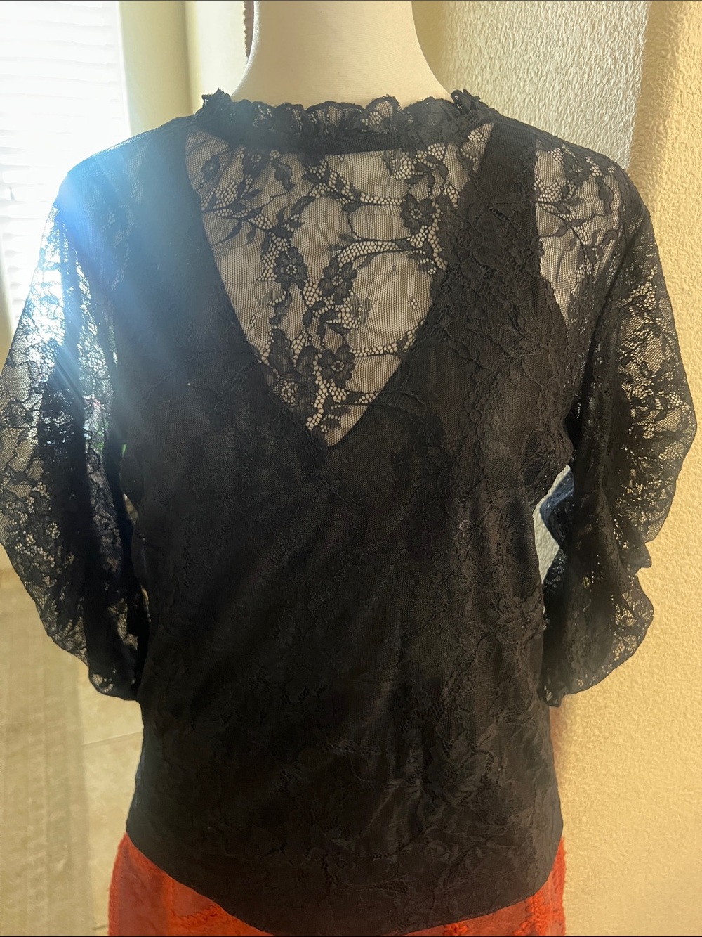 Anthropologie Black Sheer Lace V-Neck Blouse